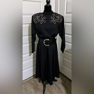 VINTAGE 1980's Blake Adams Black with Copper Scroll Detail Dress BELT NOT INCL